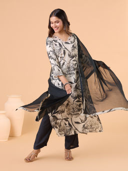 Gahan - Cotton Big Floral Printed Scallop Lace Off White Kurta with Pant and Dupatta (Set of 3)