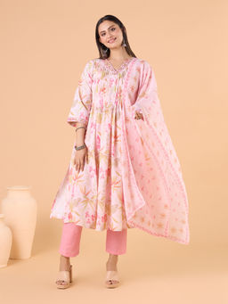 Gahan - Linen Embellished Pleated Floral Printed Peach Kurta with Pant and Dupatta (Set of 3)