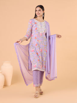 Gahan - Cotton Printed Chikankari Embroidered Lavender Kurta with Pant and Dupatta (Set of 3)