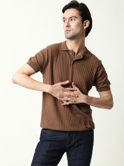 Rare Rabbit - Lincos Brown Self Design Polo T-Shirt