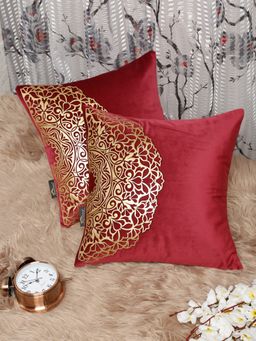 HOSTA HOMES - Red and Gold Toned Set of 2 Ethnic Motifs Velvet Square Cushion Covers