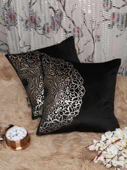 HOSTA HOMES - Black and Gold Toned Set of 2 Ethnic Motifs Velvet Square Cushion Covers