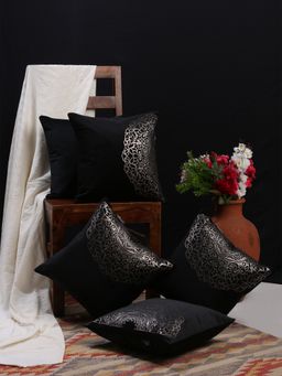 HOSTA HOMES - Black and Silver Toned Set of 5 Ethnic Motifs Velvet Square Cushion Covers