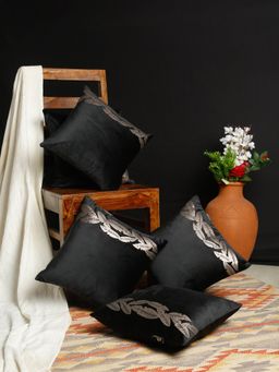 HOSTA HOMES - Black and Gold Toned Set of 5 Printed Velvet Square Cushion Covers