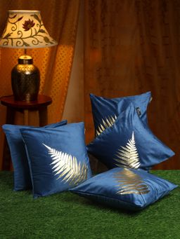 HOSTA HOMES - Blue and Gold Toned Set of 5 Printed Velvet Square Cushion Covers