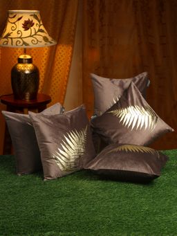 HOSTA HOMES - Brown and Gold Toned Set of 5 Printed Velvet Square Cushion Covers