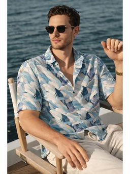 XKIND - Blue Pure Cotton Printed Relaxed Fit Shirt