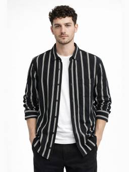 XKIND - Black Cotton Stripe Regular Fit Shirt