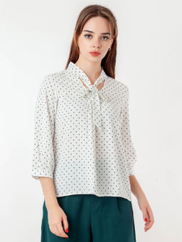 Zink London - Womens White Polka Dotted Tie-Up Neck Top