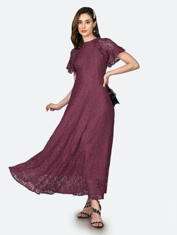 Zink London - Womens Wine Lace Round Neck Maxi Dress