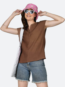 Zink London - Womens Brown Self Design Round Neck Top