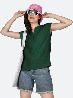 Zink London - Womens Bottle Green Self Design Round Neck Top