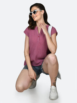 Zink London - Womens Berry Self Design Round Neck Top Pink