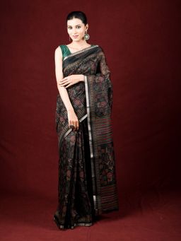 EXCLUSIVA - Black Cotton Printed Saree Thread Weaving with Unstitched Blouse