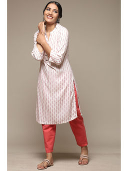 Biba - Womens Offwhite Pink Yarndyed Viscose Straight Kurta