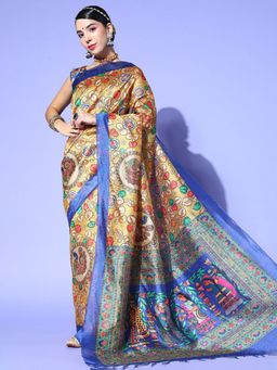 Odette - Khadi Silk Mustard Printed Designer Saree with Unstitched Blouse
