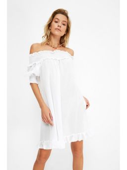 Trendyol - White Bardot Puff Sleeve Mini Dress