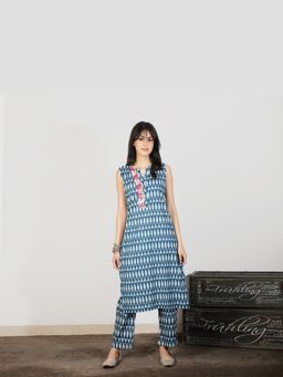 Spring Soul - Women Blue Ikat Kurta with Contrast Trim and Thread work