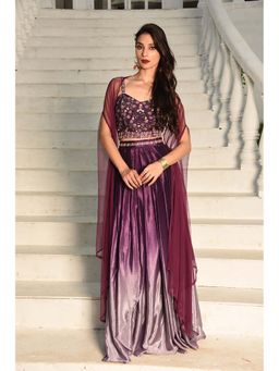 LAALZARI - Purple Embroidered Ombre Crop Top & Skirt With Shrug (Set Of 3)
