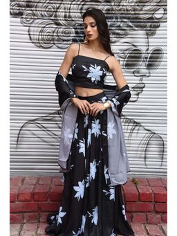 LAALZARI - Satin Black Printed Crop Top With Skirt & Dupatta (Set Of 3)