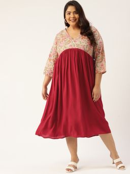 theRebelinme - Plus Size Womens Green & Maroon Color Empire Midi Dress