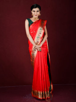 EXCLUSIVA - Red Zari Woven Work Banarasi Saree with Unstitched Blouse