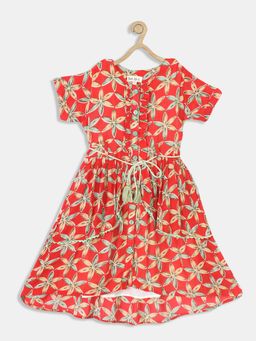 Bella Moda - Fit & Flair Round Neck Cotton Floral Girls Dress - Red (Set of 2)