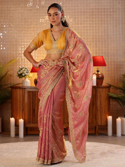 Libas - Women Peach Tissue Embroidered Embellished Saree