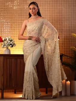 Libas - Women Cream Net Embroidered Embellished Saree