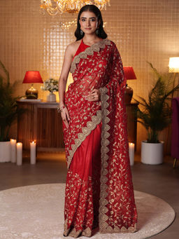 Libas - Women Red Net Embroidered Saree