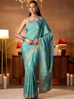 Libas - Women Blue Satin Embroidered Saree