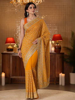 Libas - Women Mustard Satin Embroidered Saree