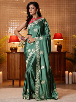 Libas - Women Green Satin Embroidered Saree