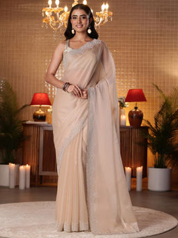 Libas - Women Beige Net Beads And Stones Embellished Saree