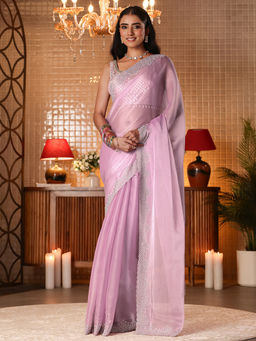 Libas - Women Lavender Net Beads And Stones Embellished Saree