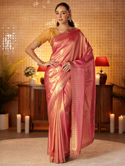 Libas - Women Peach Silk Blend Beads And Stones Handloom Saree