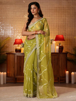 Libas - Women Green Chiffon Thread Work Embroidered Saree