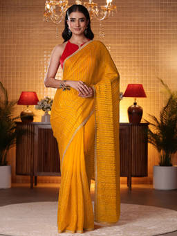 Libas - Women Mustard Tissue Beads And Stones Embellished Saree