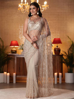 Libas - Women Taupe Silk Blend Embellished Saree