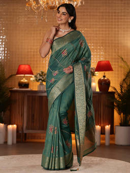 Libas - Women Green Silk Blend Embroidered Handloom Saree