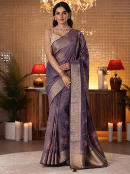Libas - Women Purple Silk Blend Embroidered Handloom Saree