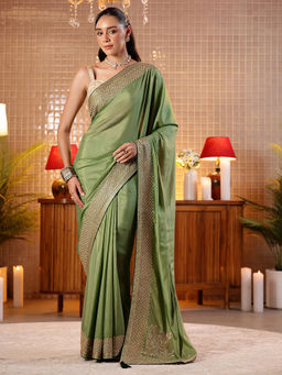 Libas - Women Green Satin Tassels Embroidered Saree