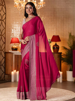 Libas - Women Magenta Chiffon Thread Work Embroidered Saree