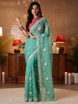 Libas - Women Green Chiffon Embellished/Sequined Embroidered Saree