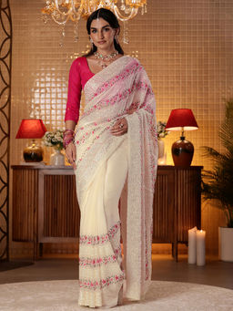 Libas - Women Cream Tissue Thread Work Embroidered Saree