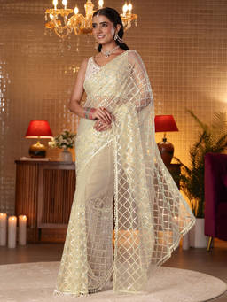 Libas Art - Women Off White Net Embellished Saree