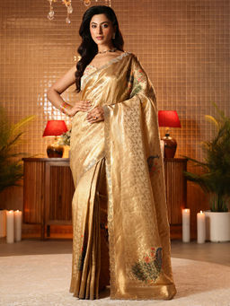 Libas Art - Women Gold Silk Blend Beads And Stones Handloom Saree