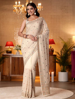 Libas Art - Women Cream Georgette Embellished Saree