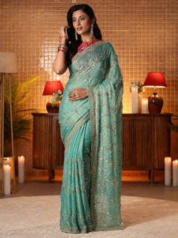 Libas Art - Women Green Tissue Embellished Saree
