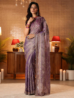 Libas Art - Women Lavender Tissue Embellished Saree